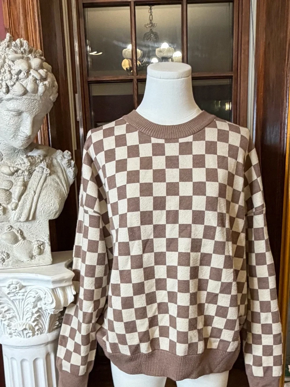 Staccato Cream and Brown Checker Crewneck Sweater